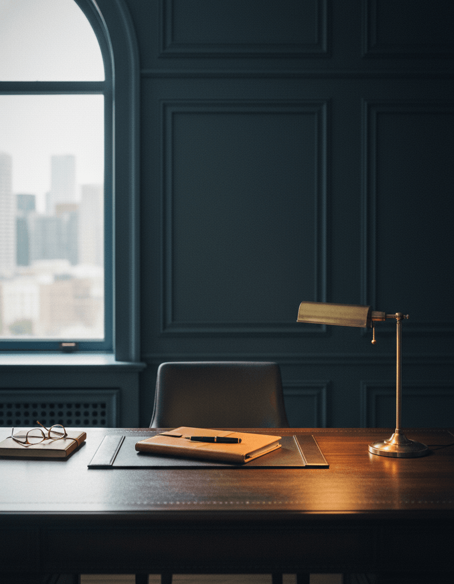 The private office of Shemrani Capital: a navy-panelled study with a walnut desk and brass lamp, overlooking the Toronto skyline.